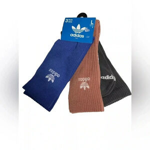 Adidas Originals Trefoil Socks Mens Large 3 Pairs Crew Blue Brown Grey New